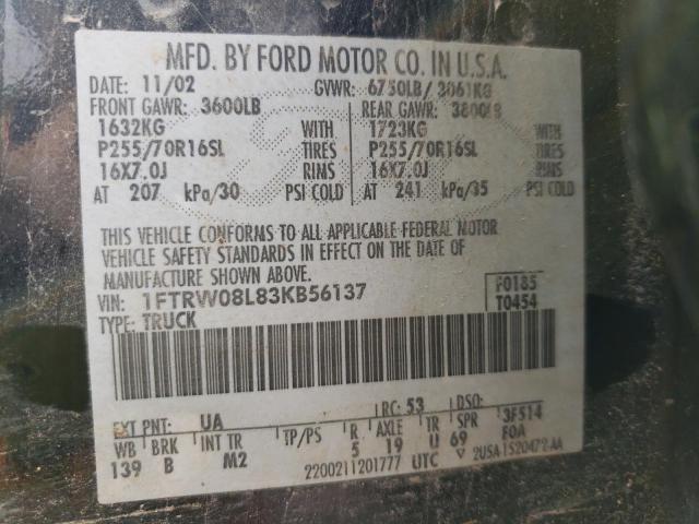 Photo 10 from auction – 2003 FORD F150 SUPER with VIN 1FTRW08L83KB56137