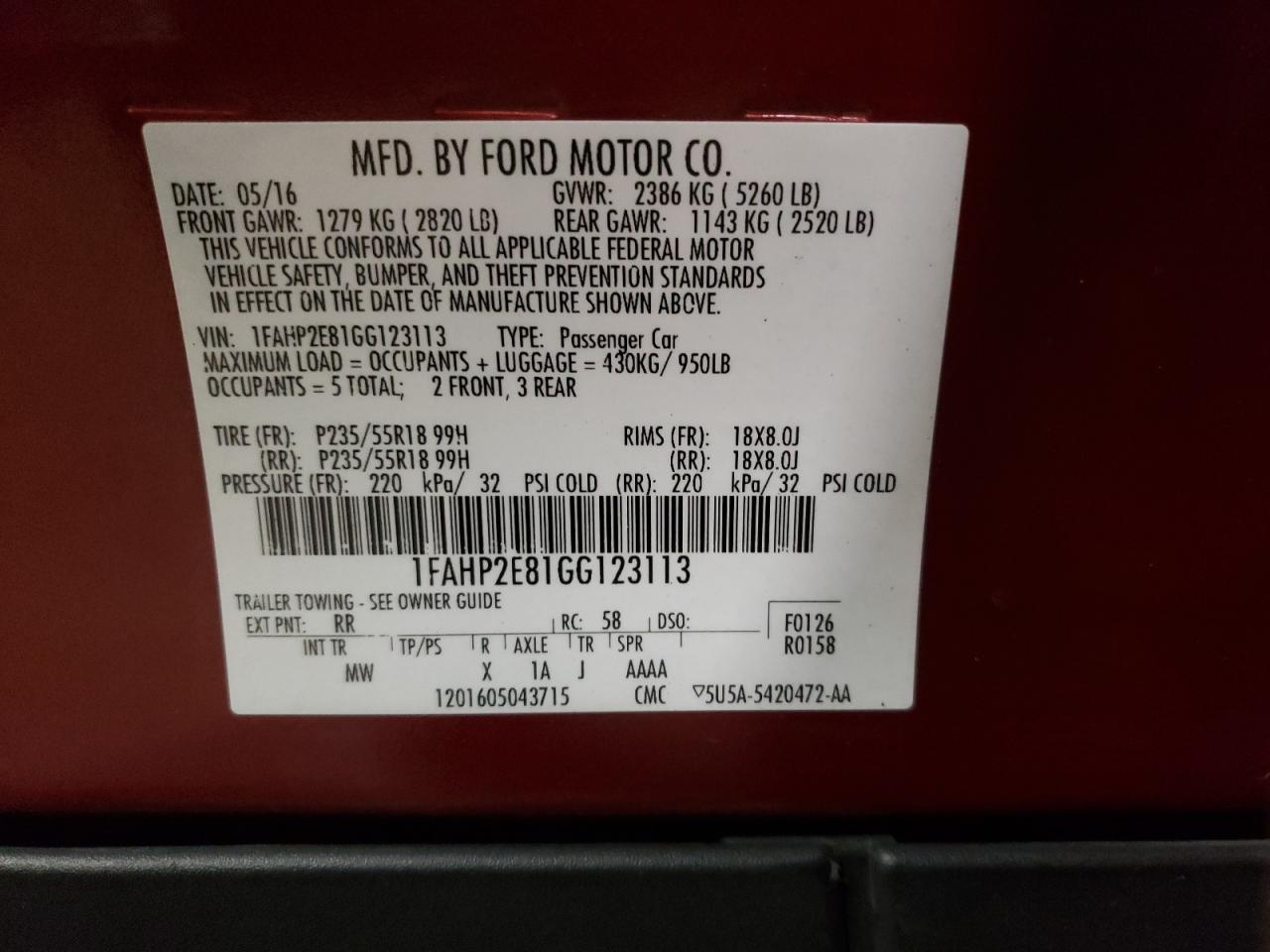 Photo 10 from auction – 2016 FORD TAURUS SEL with VIN 1FAHP2E81GG123113
