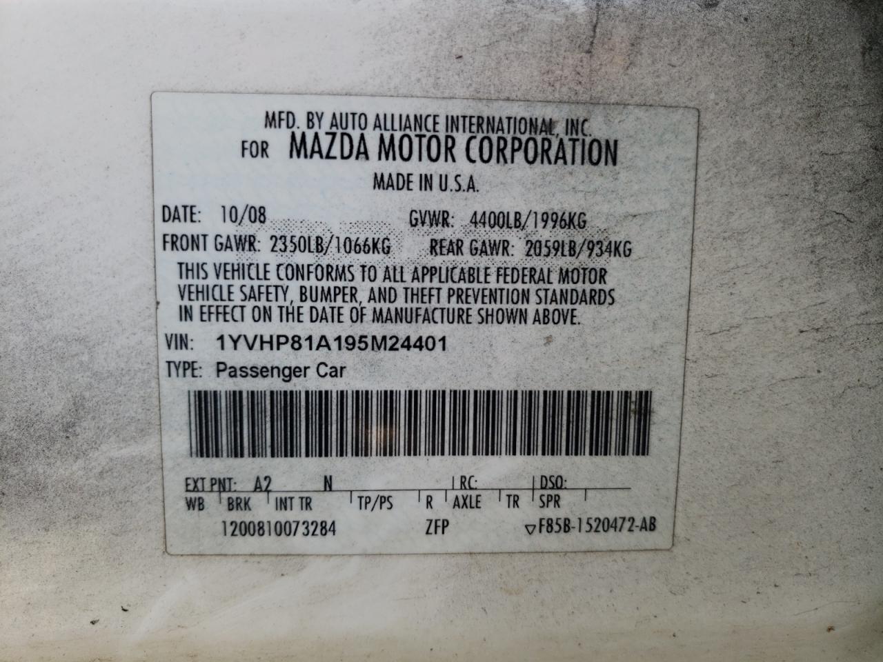 Photo 10 from auction – 2009 MAZDA MAZDA6 with VIN 1YVHP81A195M24401