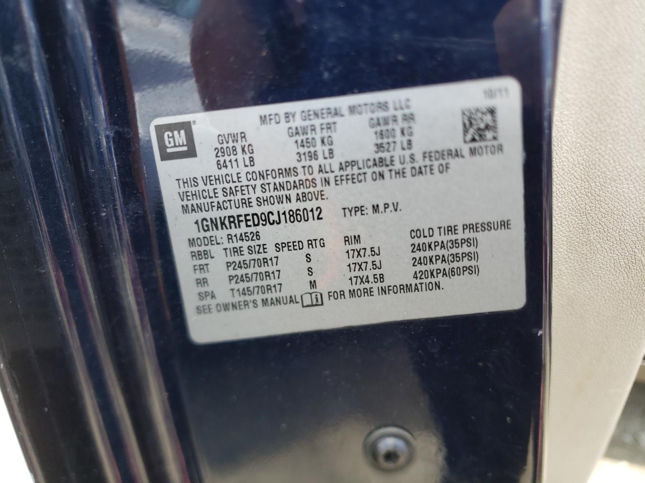 Photo 10 from auction – 2012 CHEVROLET TRAVERSE L with VIN 1GNKRFED9CJ186012