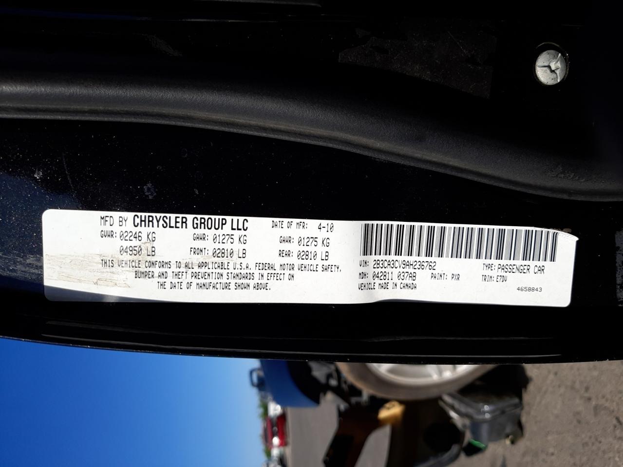 Photo 10 from auction – 2010 DODGE CHARGER SX with VIN 2B3CA3CV9AH236762