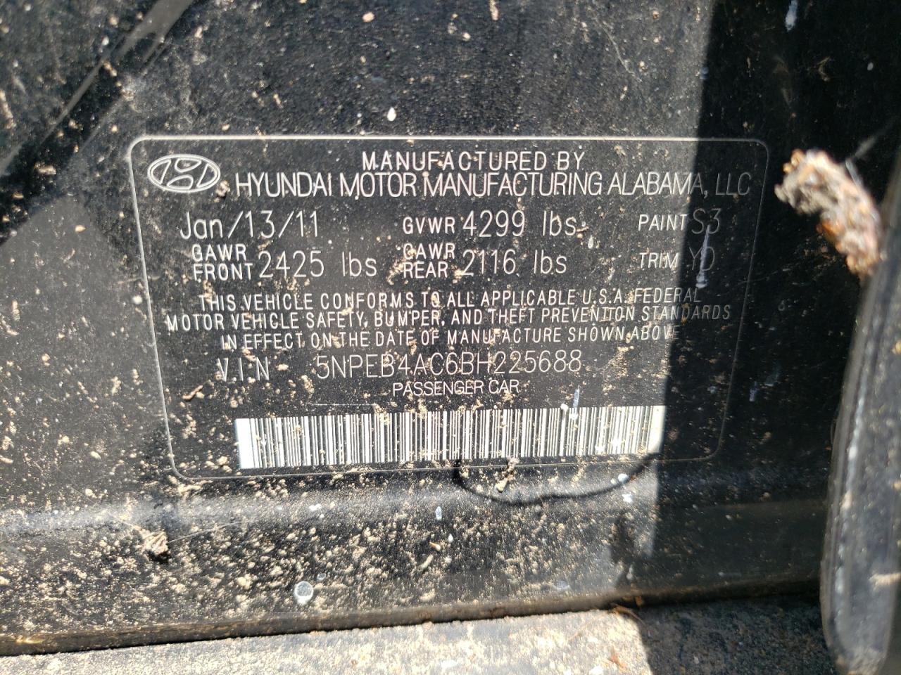 Photo 10 from auction – 2011 HYUNDAI SONATA GLS with VIN 5NPEB4AC6BH225688