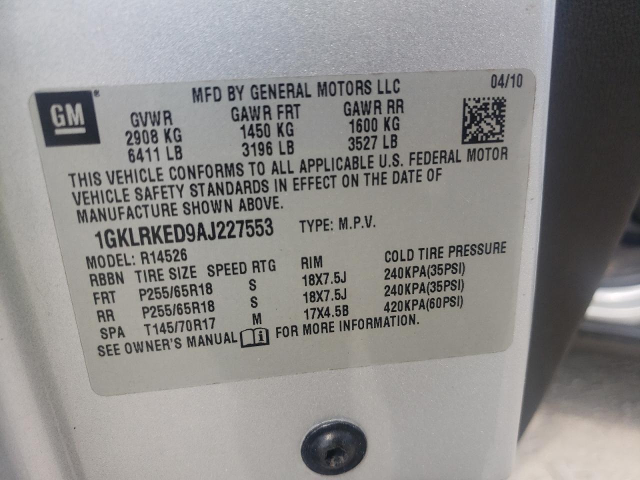Photo 10 from auction – 2010 GMC ACADIA SL with VIN 1GKLRKED9AJ227553