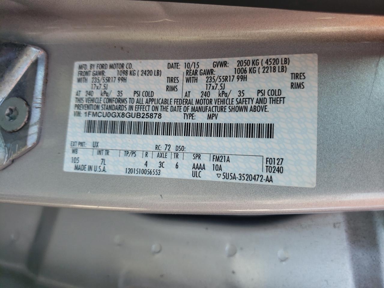 Photo 10 from auction – 2016 FORD ESCAPE SE with VIN 1FMCU0GX8GUB25878