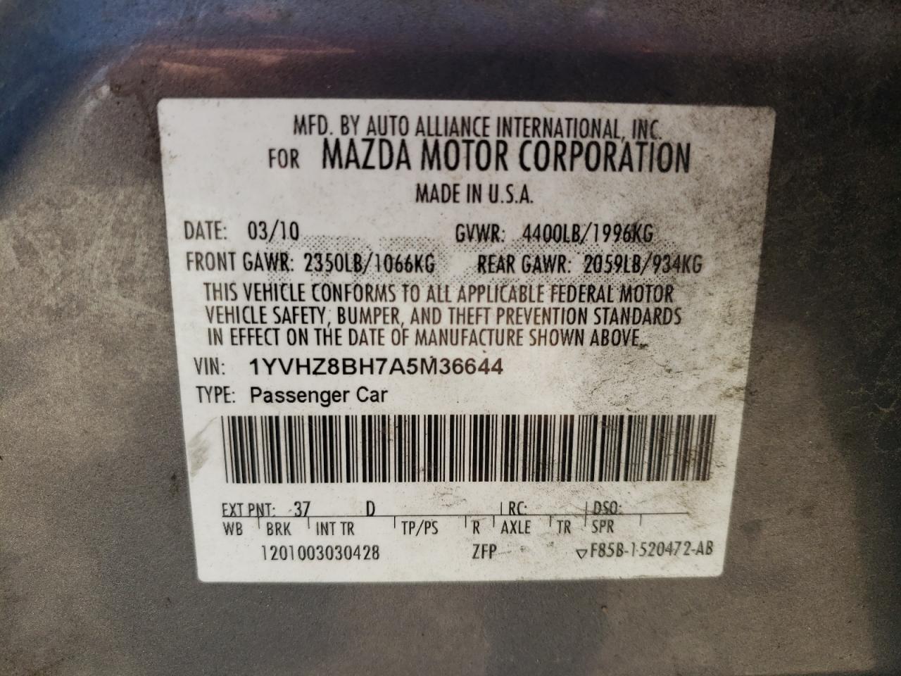 Photo 10 from auction – 2010 MAZDA 6 I with VIN 1YVHZ8BH7A5M36644