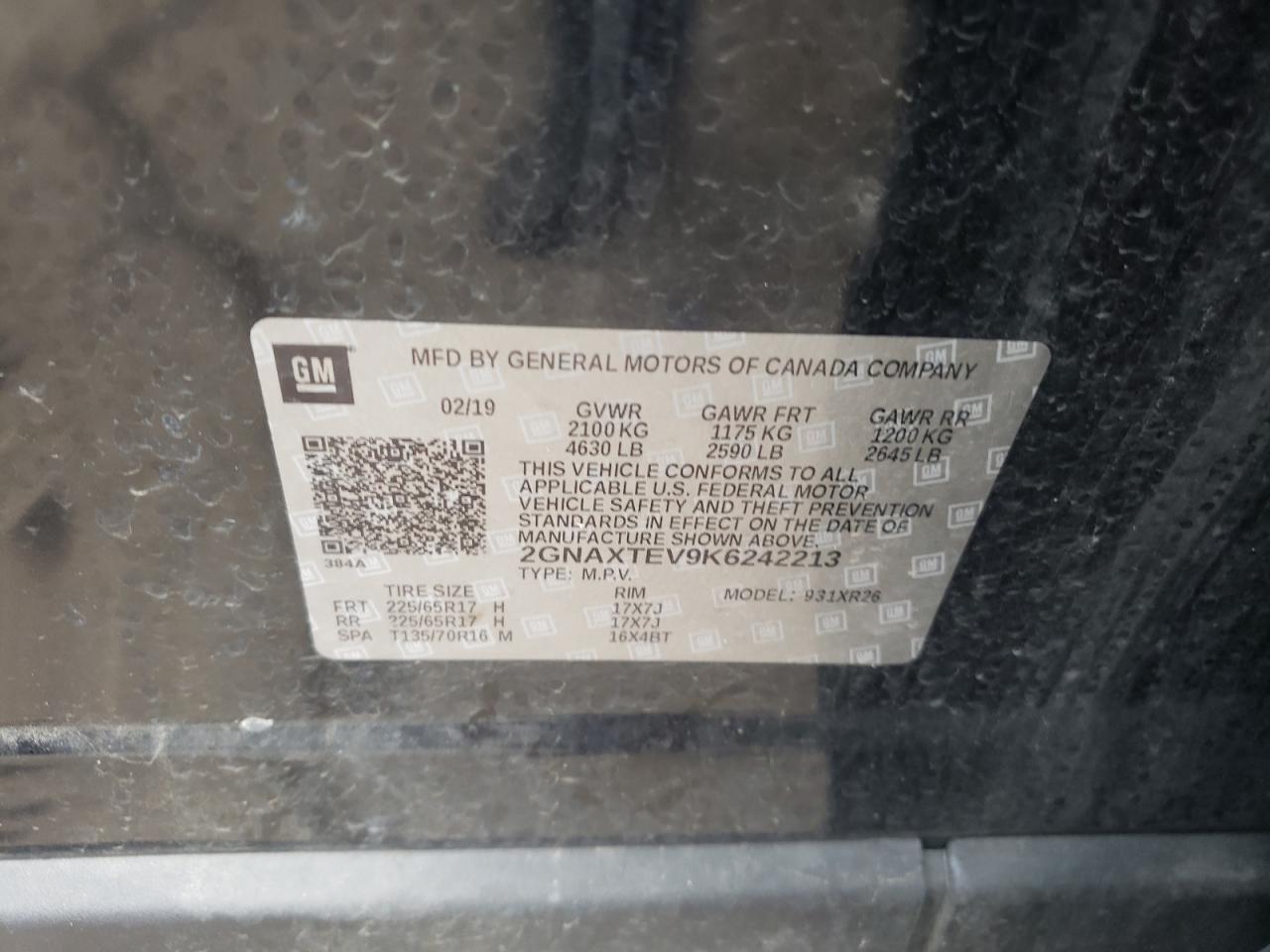 Photo 10 from auction – 2019 CHEVROLET EQUINOX LT with VIN 2GNAXTEV9K6242213