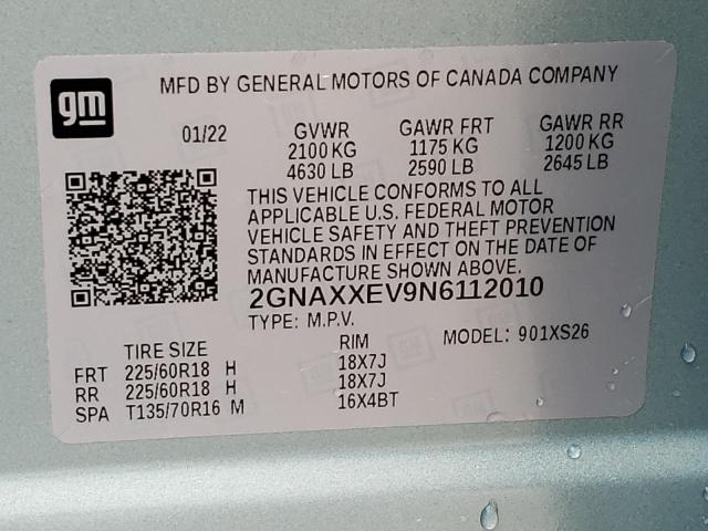 Photo 10 from auction – 2022 CHEVROLET EQUINOX PR with VIN 2GNAXXEV9N6112010