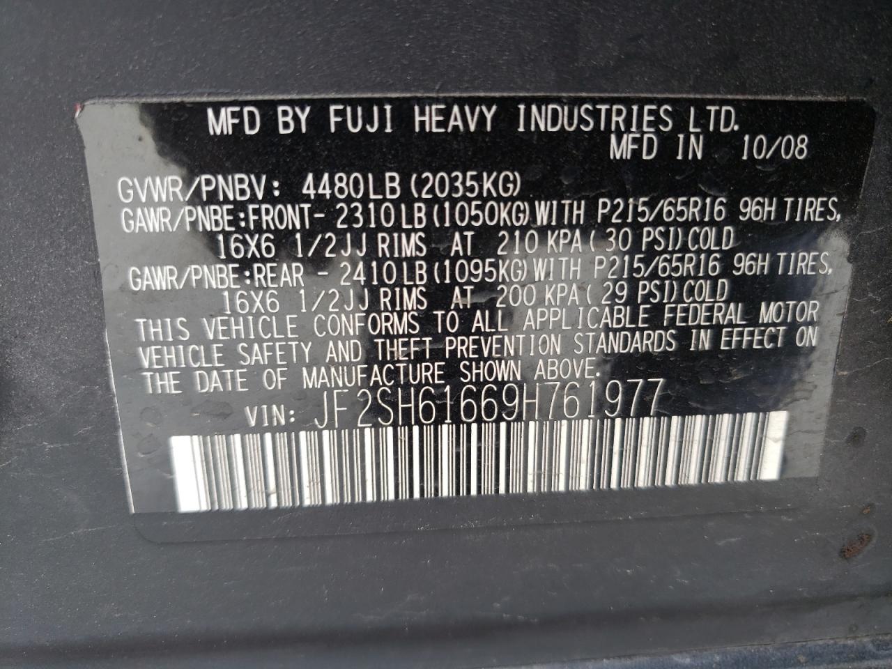Photo 10 from auction – 2009 SUBARU FORESTER 2 with VIN JF2SH61669H761977