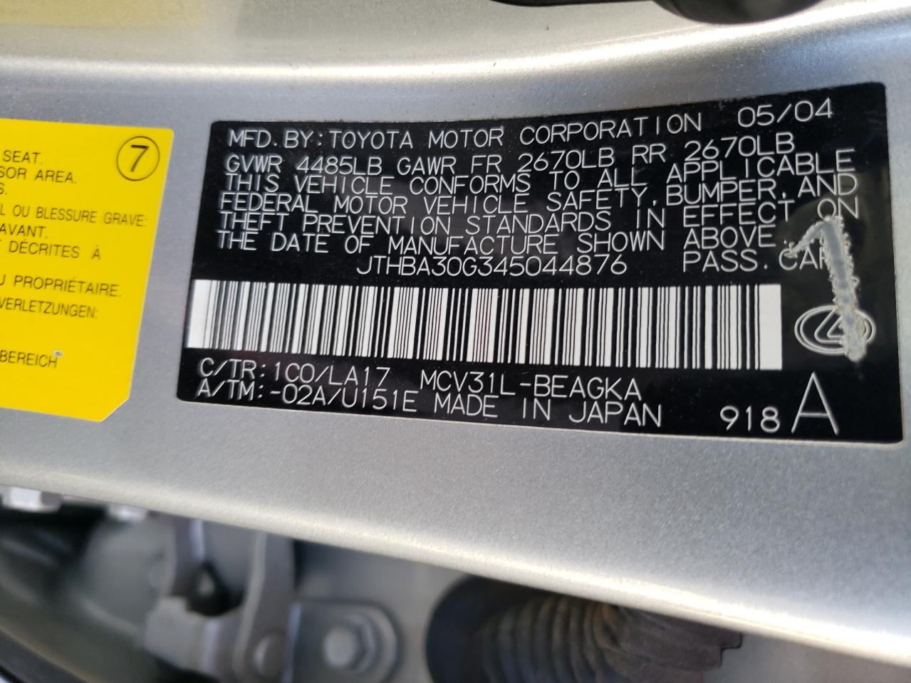 Фото 10 с аукциона – 2004 LEXUS ES 330 с VIN JTHBA30G345044876