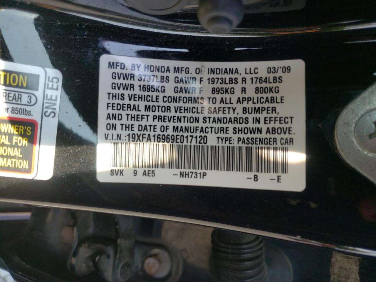 Photo 10 from auction – 2009 HONDA CIVIC EXL with VIN 19XFA16969E017120