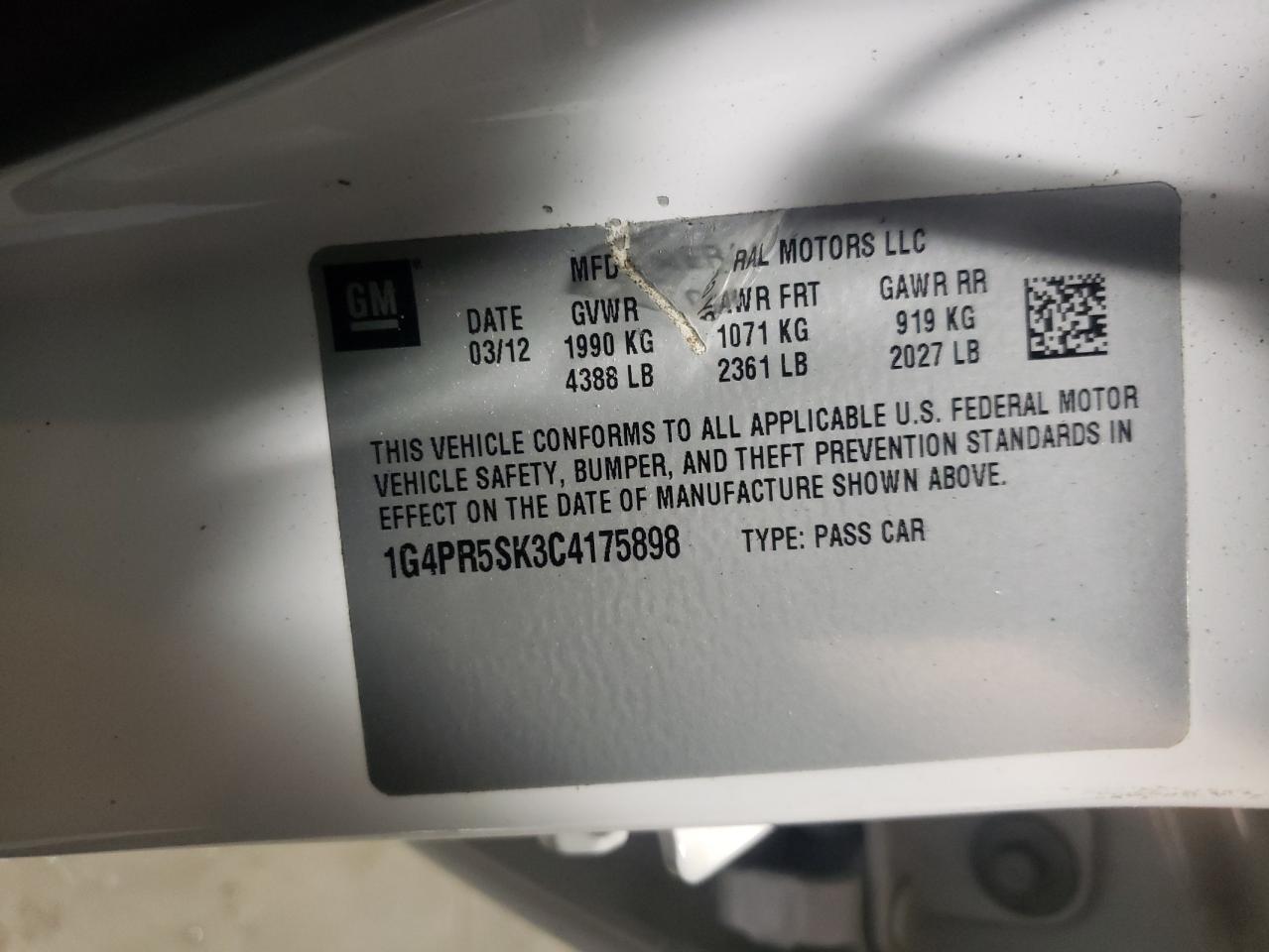Photo 10 from auction – 2012 BUICK VERANO CON with VIN 1G4PR5SK3C4175898