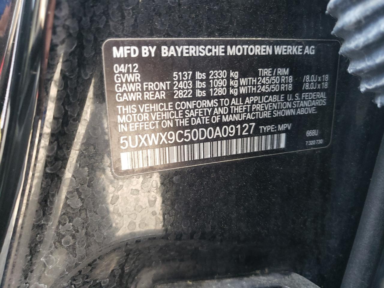 Photo 10 from auction – 2013 BMW X3 XDRIVE2 with VIN 5UXWX9C50D0A09127