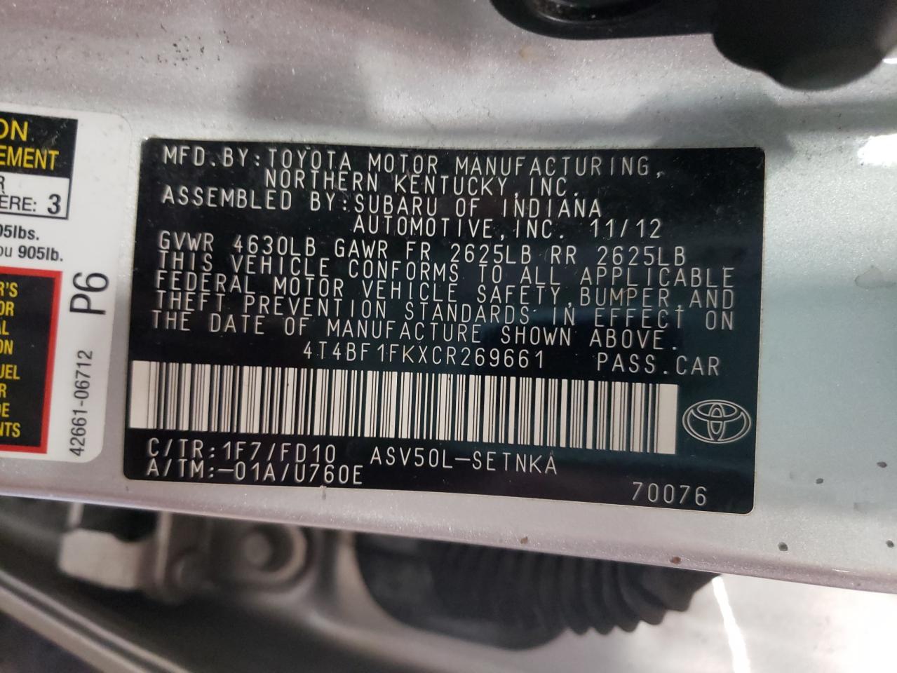 Photo 10 from auction – 2012 TOYOTA CAMRY BASE with VIN 4T4BF1FKXCR269661