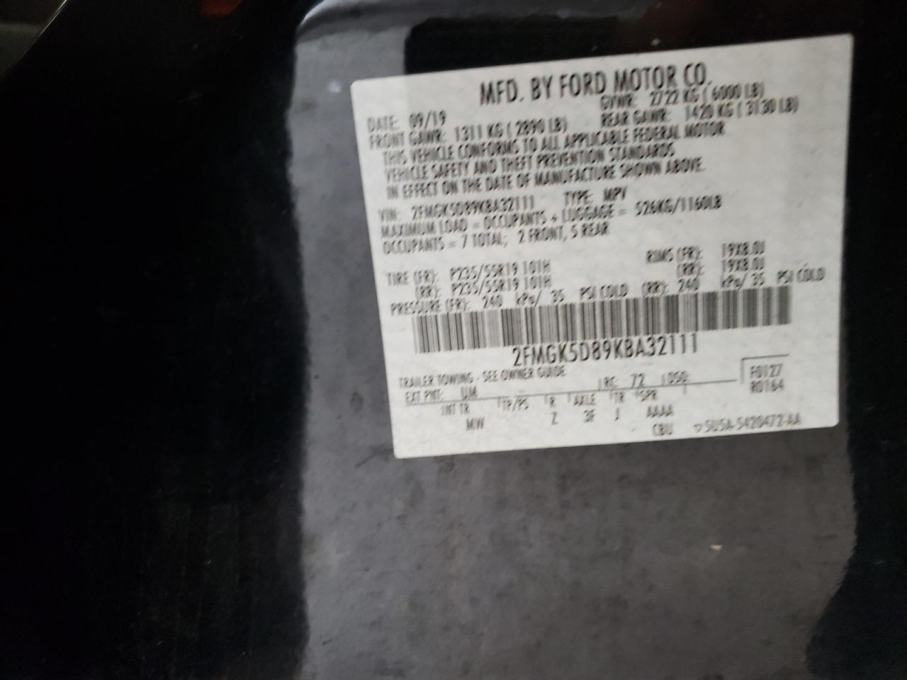 Photo 11 from auction – 2019 FORD FLEX LIMIT with VIN 2FMGK5D89KBA32111