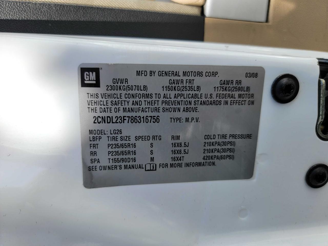 Photo 10 from auction – 2008 CHEVROLET EQUINOX LS with VIN 2CNDL23F786316756