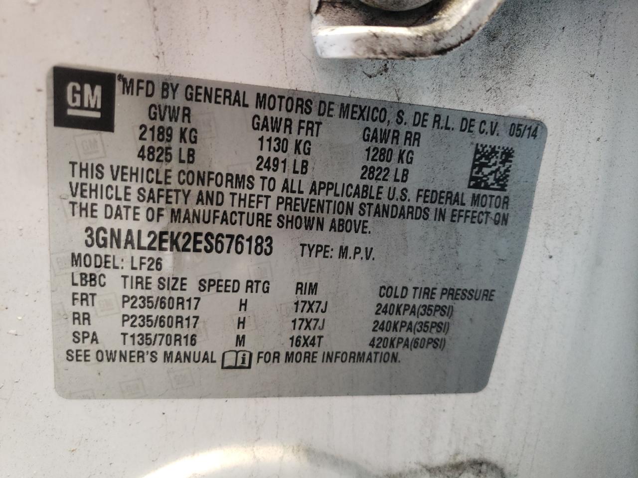 صورة رقم 10 من المزاد - 2014 CHEVROLET CAPTIVA LS مع VIN 3GNAL2EK2ES676183