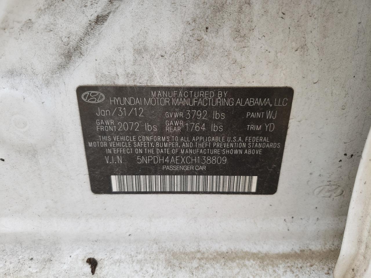 Photo 10 from auction – 2012 HYUNDAI ELANTRA GL with VIN 5NPDH4AEXCH138809