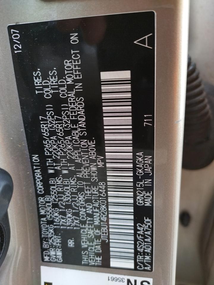 Photo 10 from auction – 2008 TOYOTA 4RUNNER SR with VIN JTEBU14R28K016448