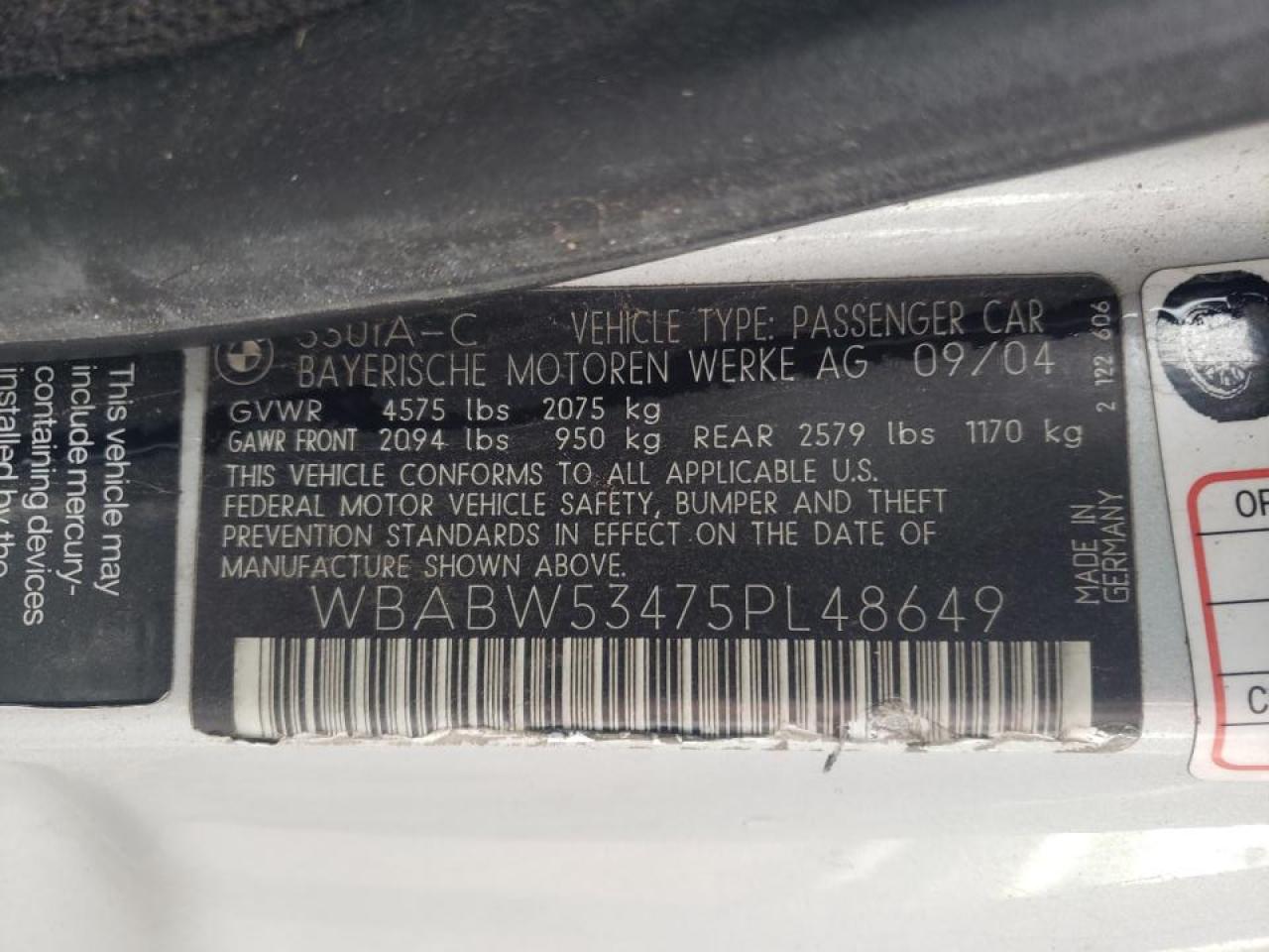 Photo 10 from auction – 2005 BMW 330 CI with VIN WBABW53475PL48649