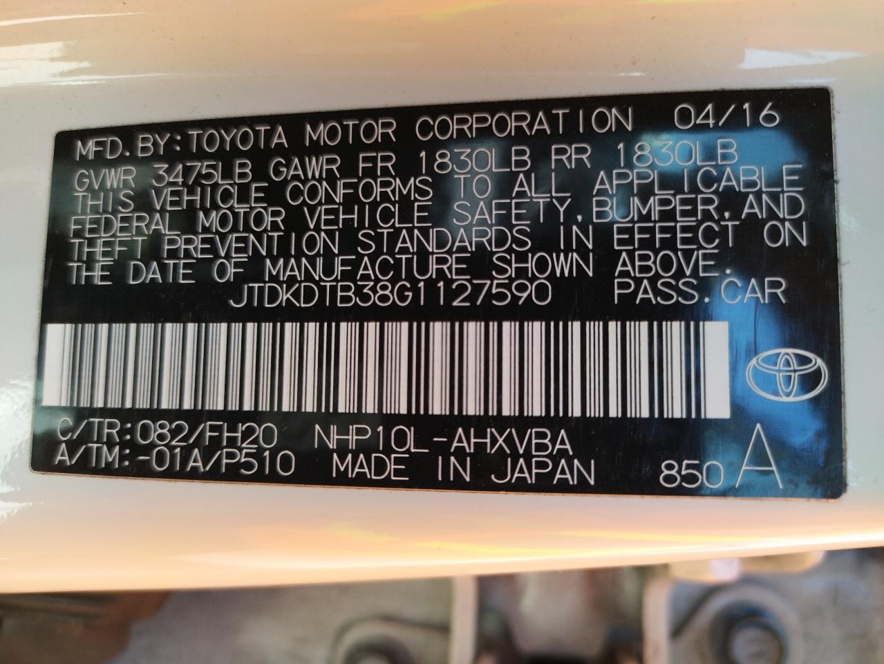 Photo 10 from auction – 2016 TOYOTA PRIUS C with VIN JTDKDTB38G1127590