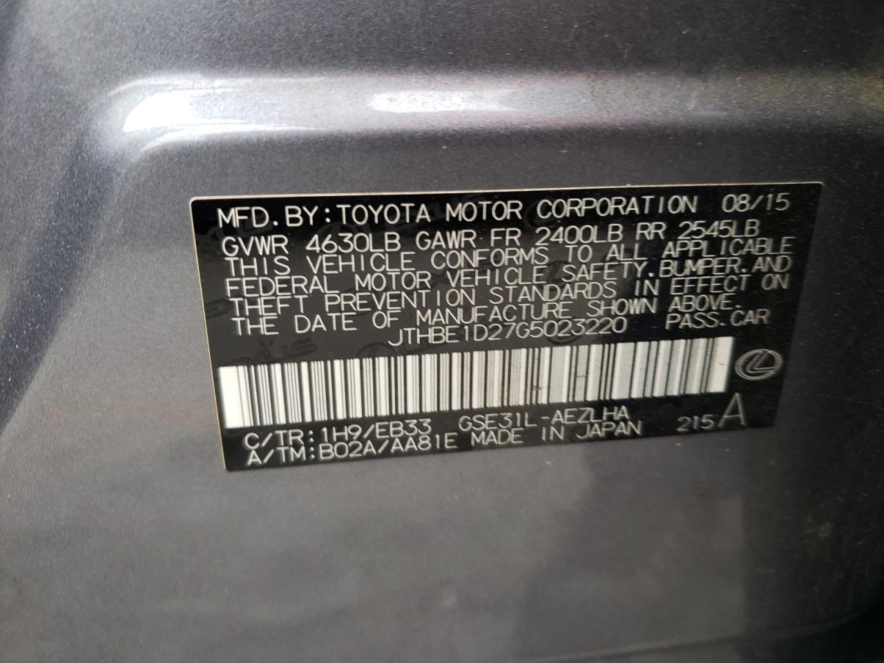 Photo 10 from auction – 2016 LEXUS IS 350 with VIN JTHBE1D27G5023220