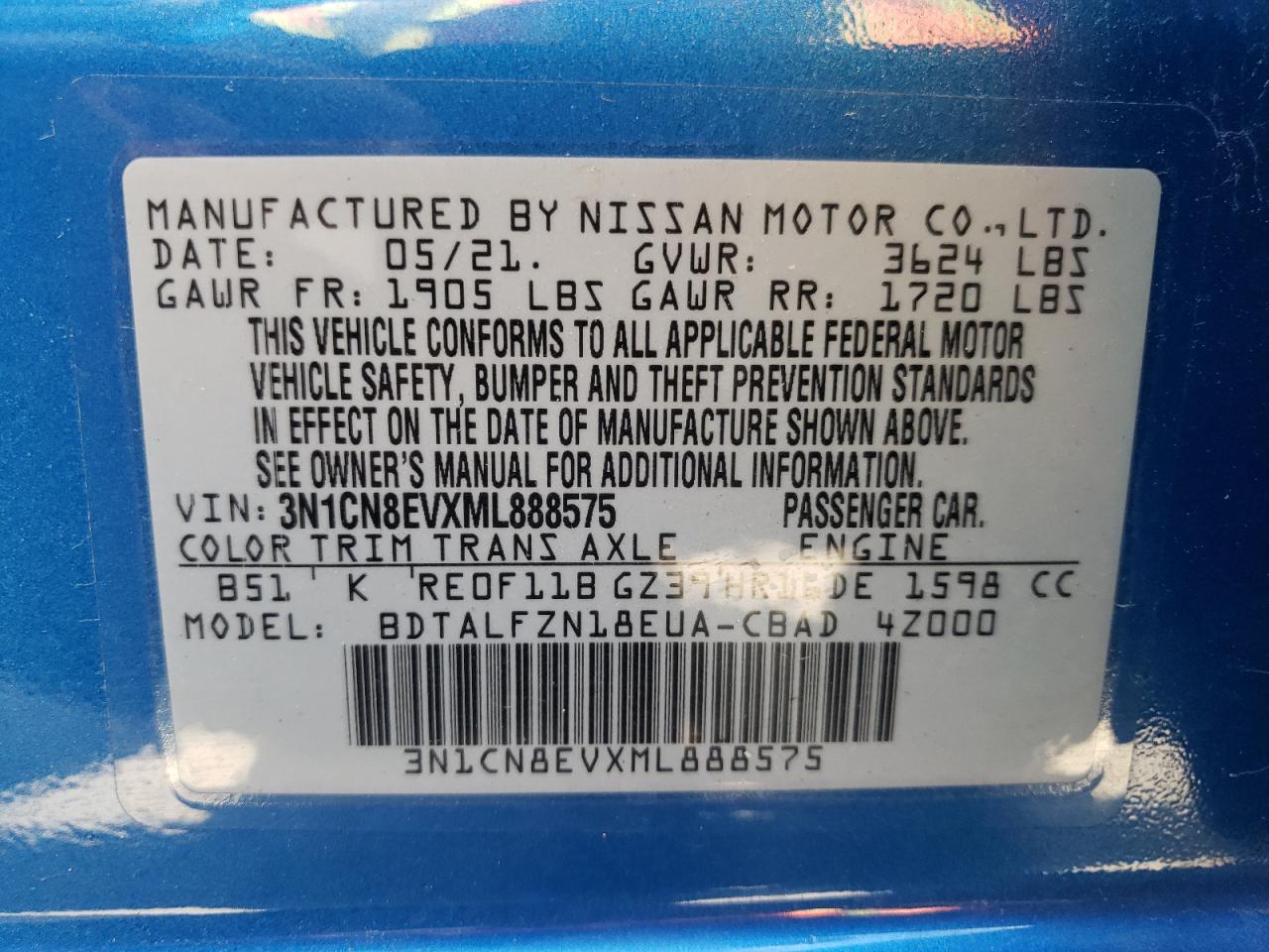 Photo 10 from auction – 2021 NISSAN VERSA SV with VIN 3N1CN8EVXML888575