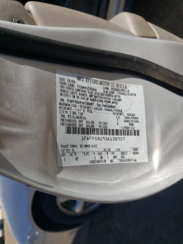 Photo 10 from auction – 2003 FORD TAURUS with VIN 1FAFP58U93A138957