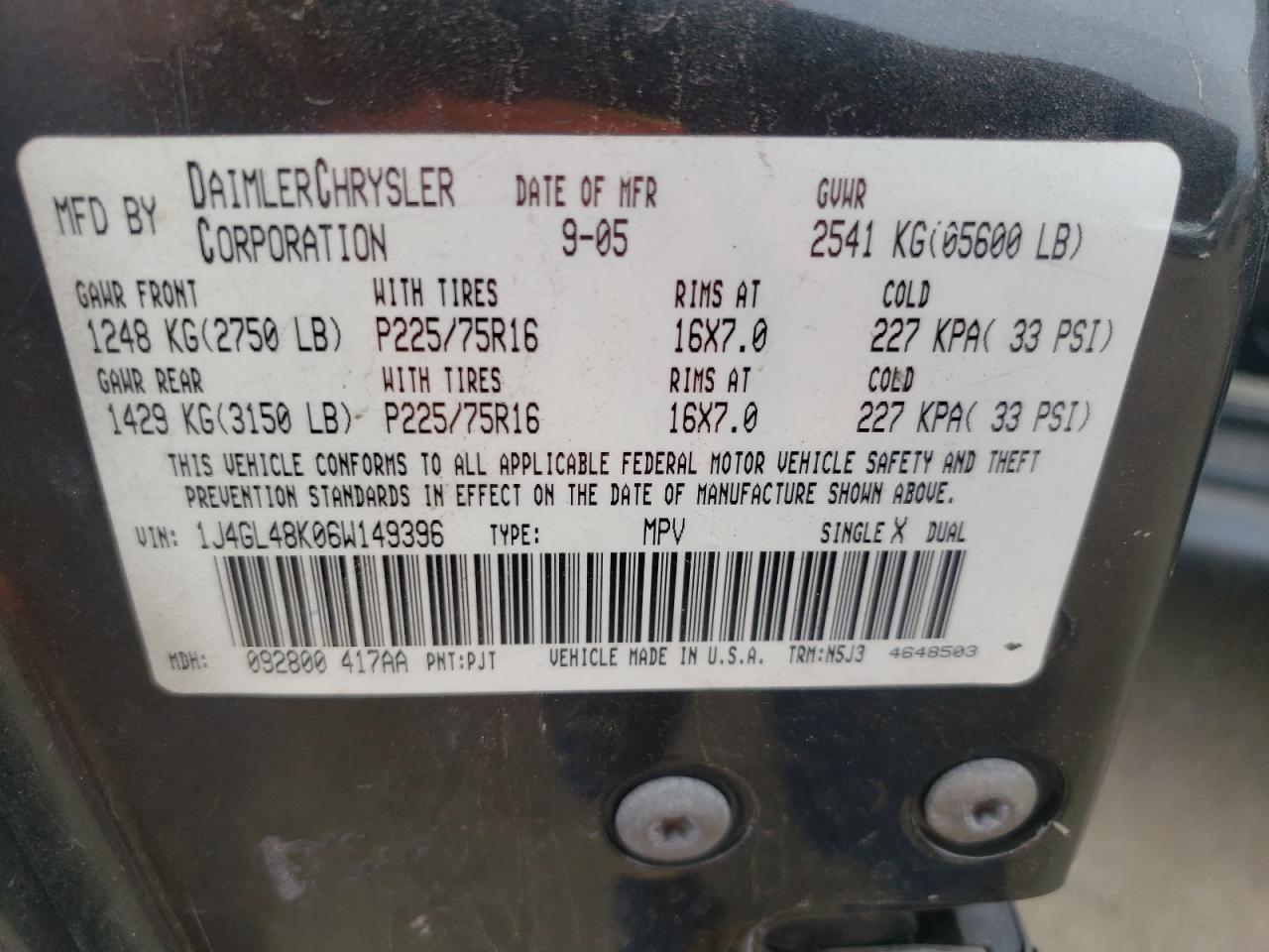 Photo 10 from auction – 2006 JEEP LIBERTY SP with VIN 1J4GL48K06W149396