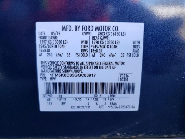 Photo 10 from auction – 2016 FORD EXPLORER X with VIN 1FM5K8D85GGC88917