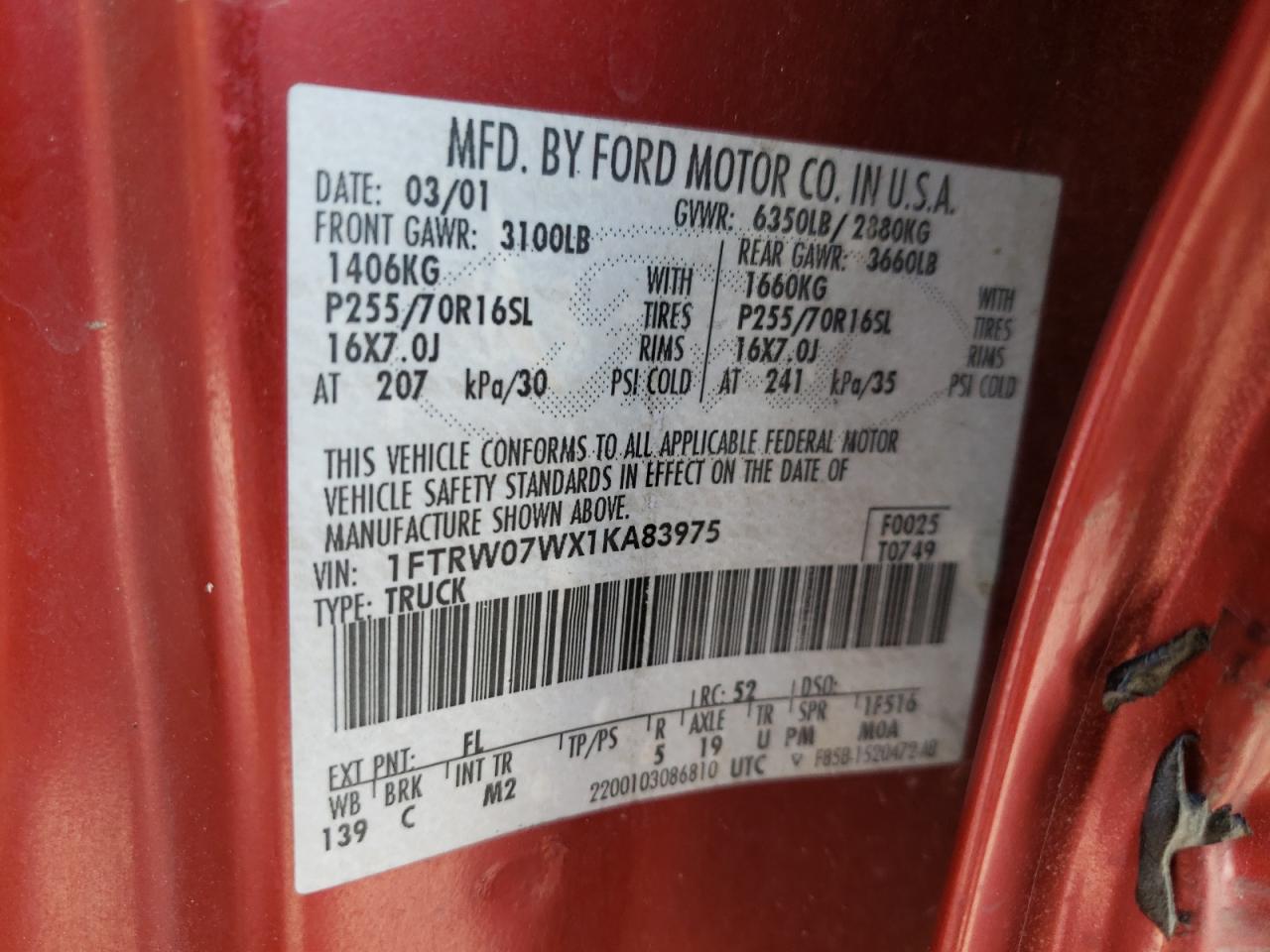 Photo 10 from auction – 2001 FORD F150 SUPER with VIN 1FTRW07WX1KA83975