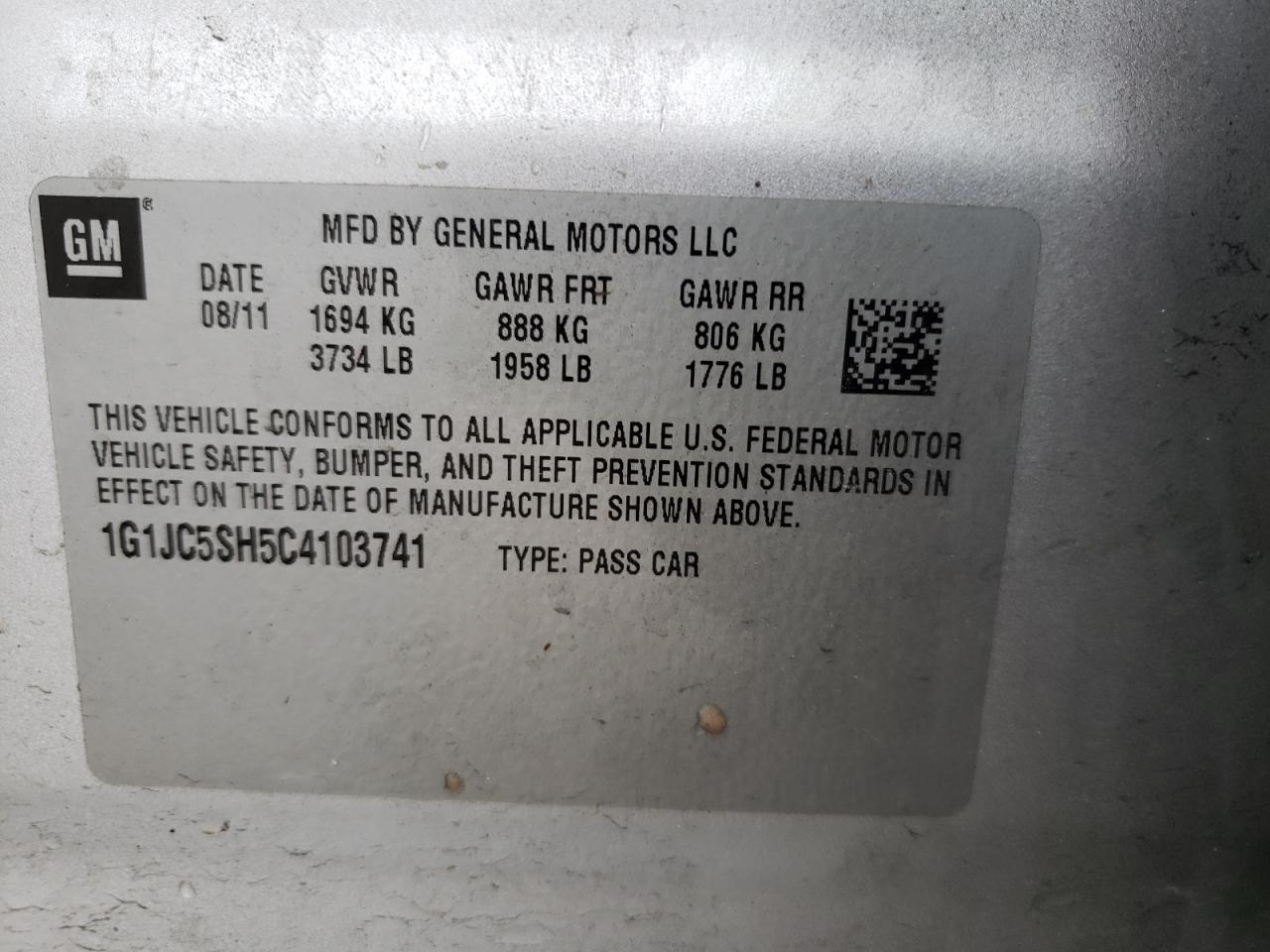Photo 10 from auction – 2012 CHEVROLET SONIC LT with VIN 1G1JC5SH5C4103741