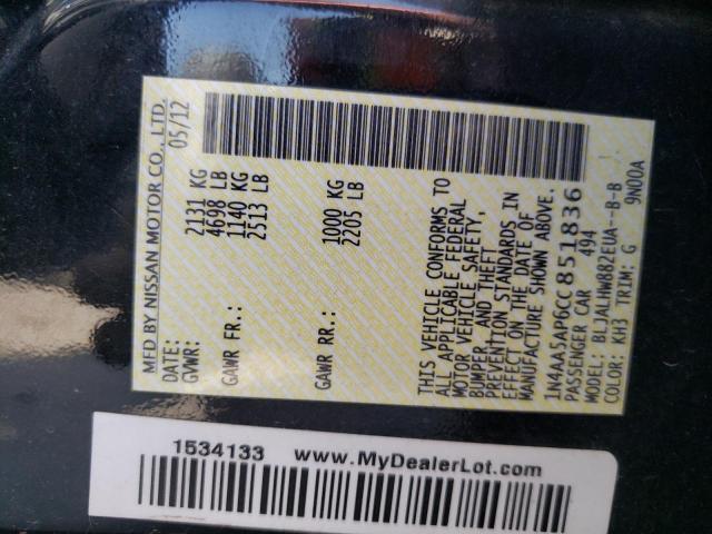 Photo 10 from auction – 2012 NISSAN MAXIMA S with VIN 1N4AA5AP6CC851836