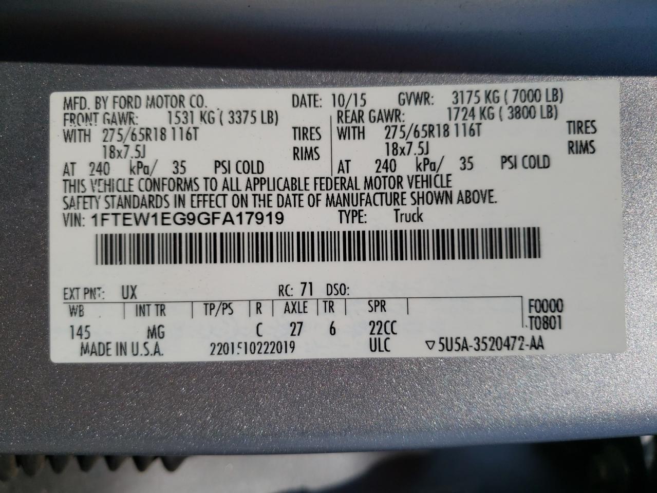 Photo 10 from auction – 2016 FORD F150 SUPER with VIN 1FTEW1EG9GFA17919