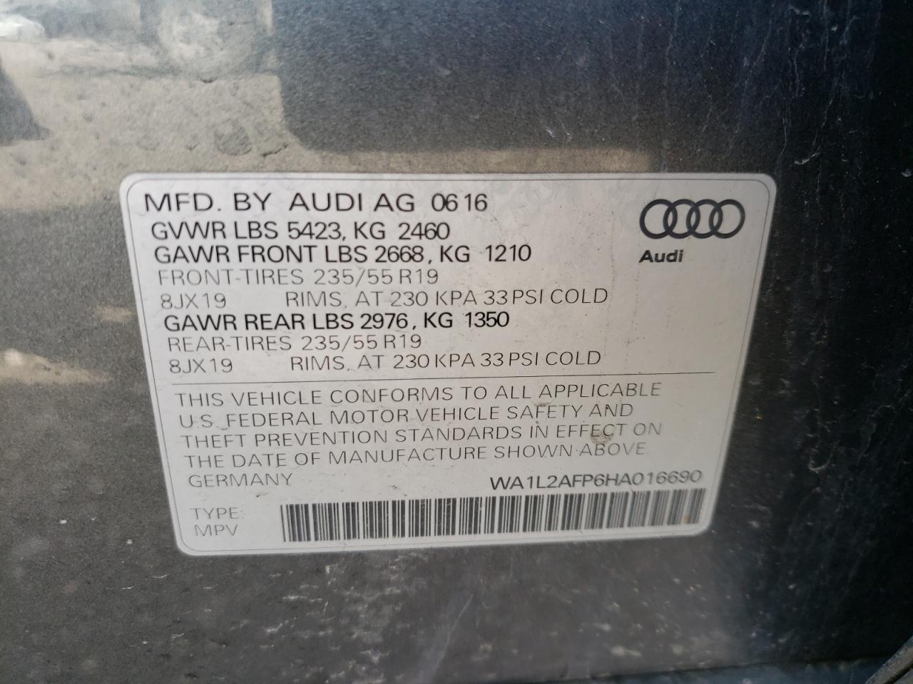 Photo 10 from auction – 2017 AUDI Q5 PREMIUM with VIN WA1L2AFP6HA016690