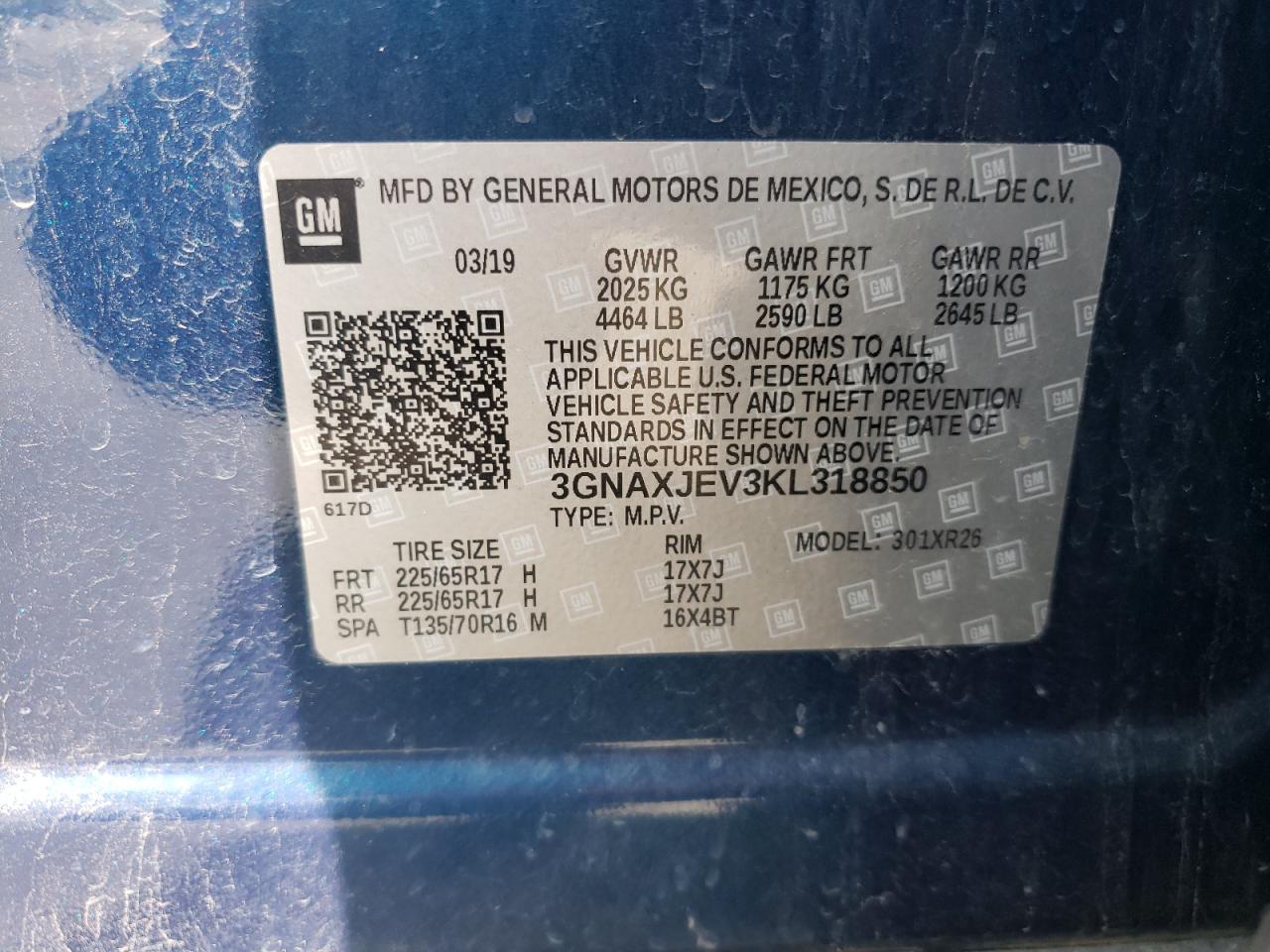 Photo 10 from auction – 2019 CHEVROLET EQUINOX LT with VIN 3GNAXJEV3KL318850