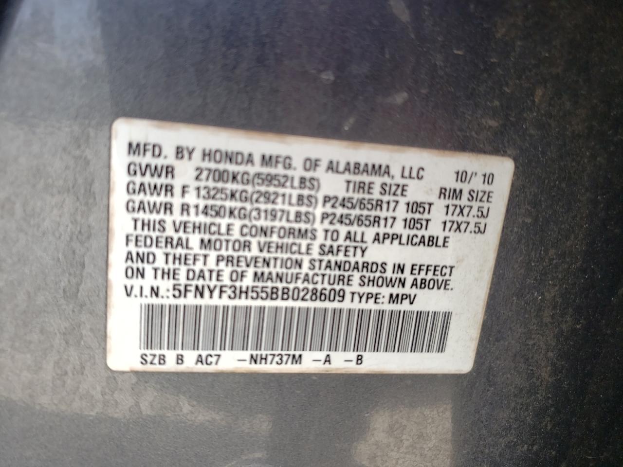 Photo 10 from auction – 2011 HONDA PILOT with VIN 5FNYF3H55BB028609