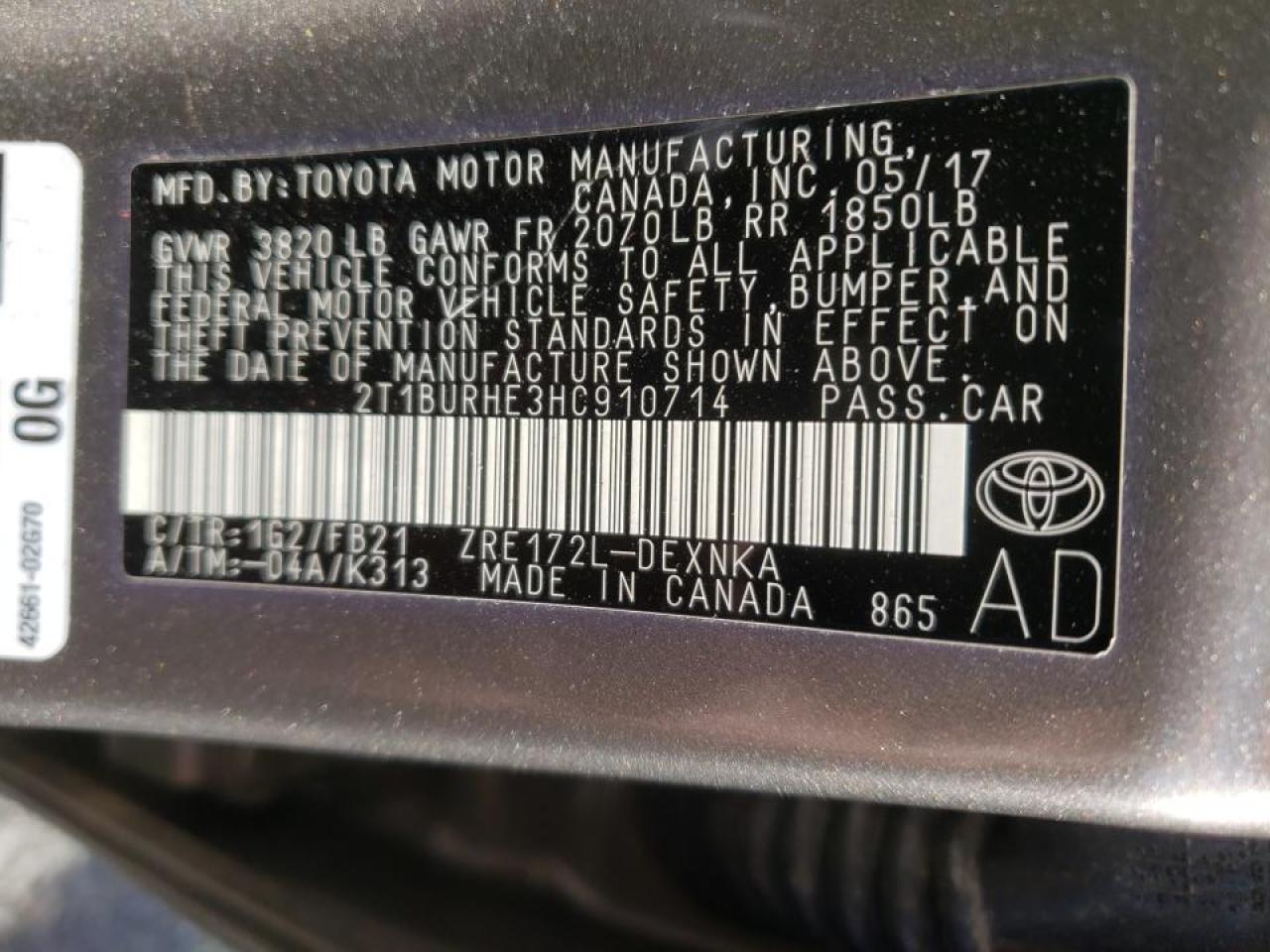 Photo 10 from auction – 2017 TOYOTA COROLLA L with VIN 2T1BURHE3HC910714
