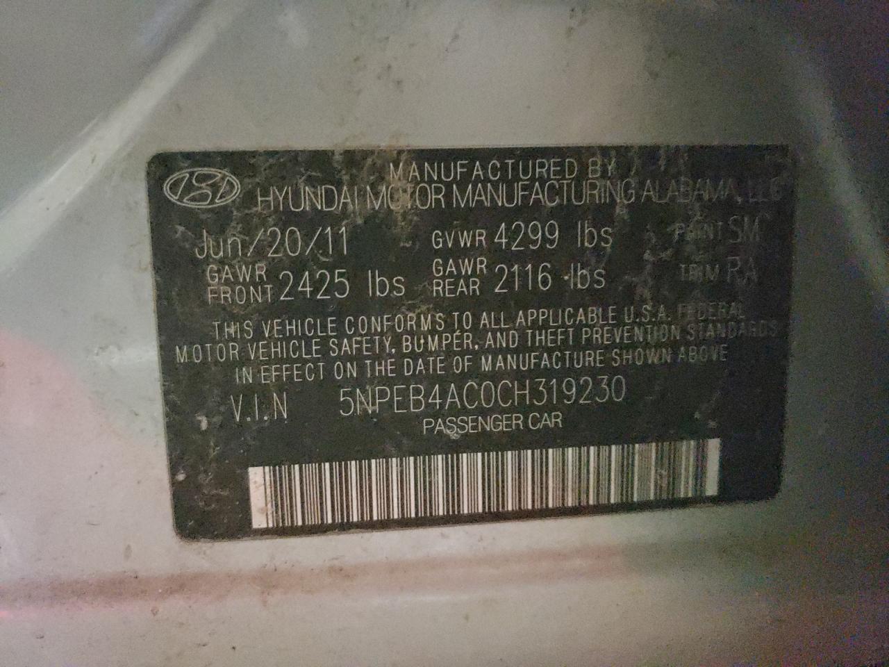 Photo 10 from auction – 2012 HYUNDAI SONATA GLS with VIN 5NPEB4AC0CH319230