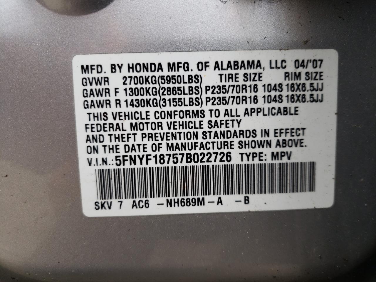 Photo 10 from auction – 2007 HONDA PILOT EXL with VIN 5FNYF18757B022726