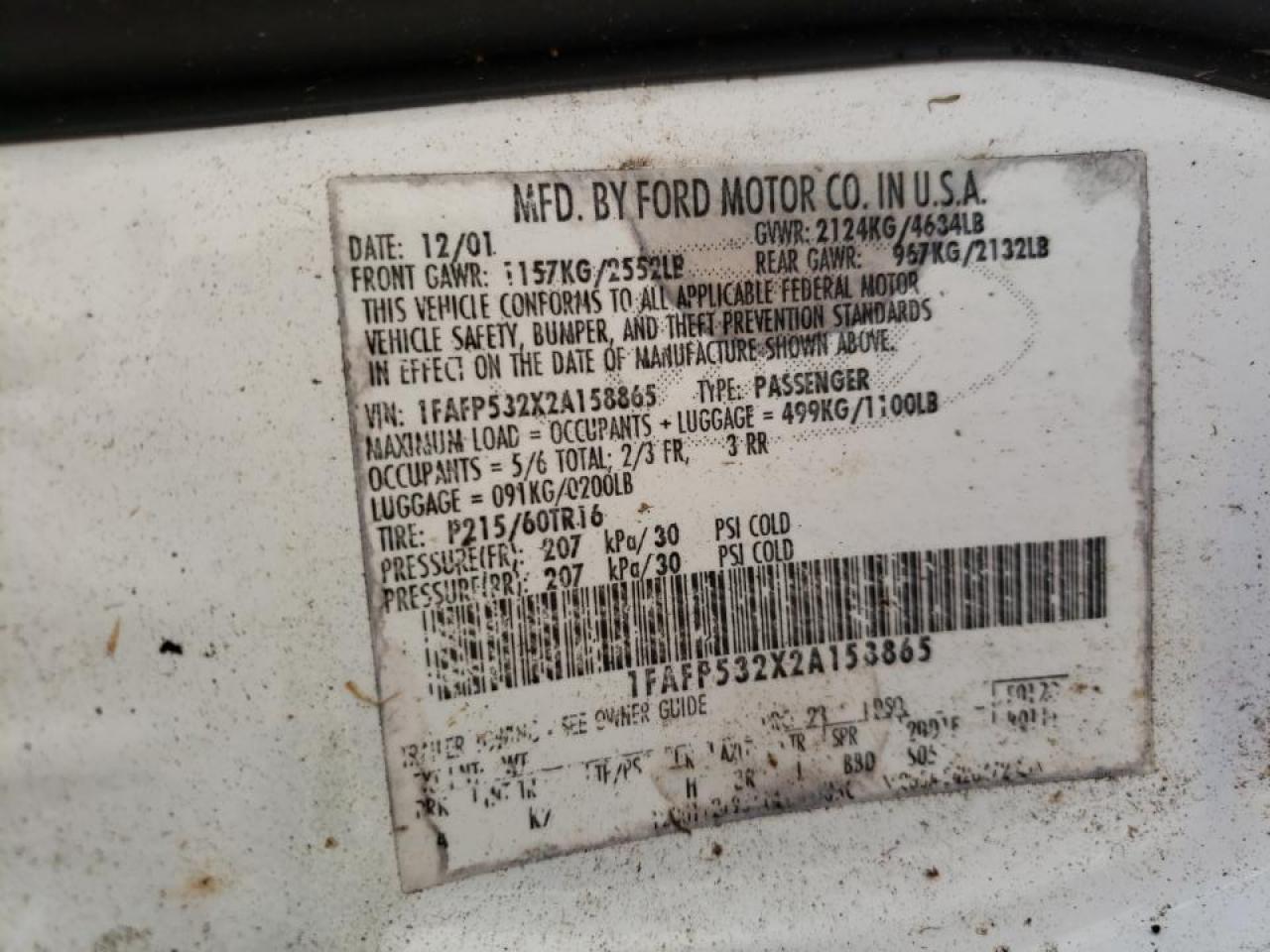 Photo 10 from auction – 2002 FORD TAURUS SE with VIN 1FAFP532X2A158865