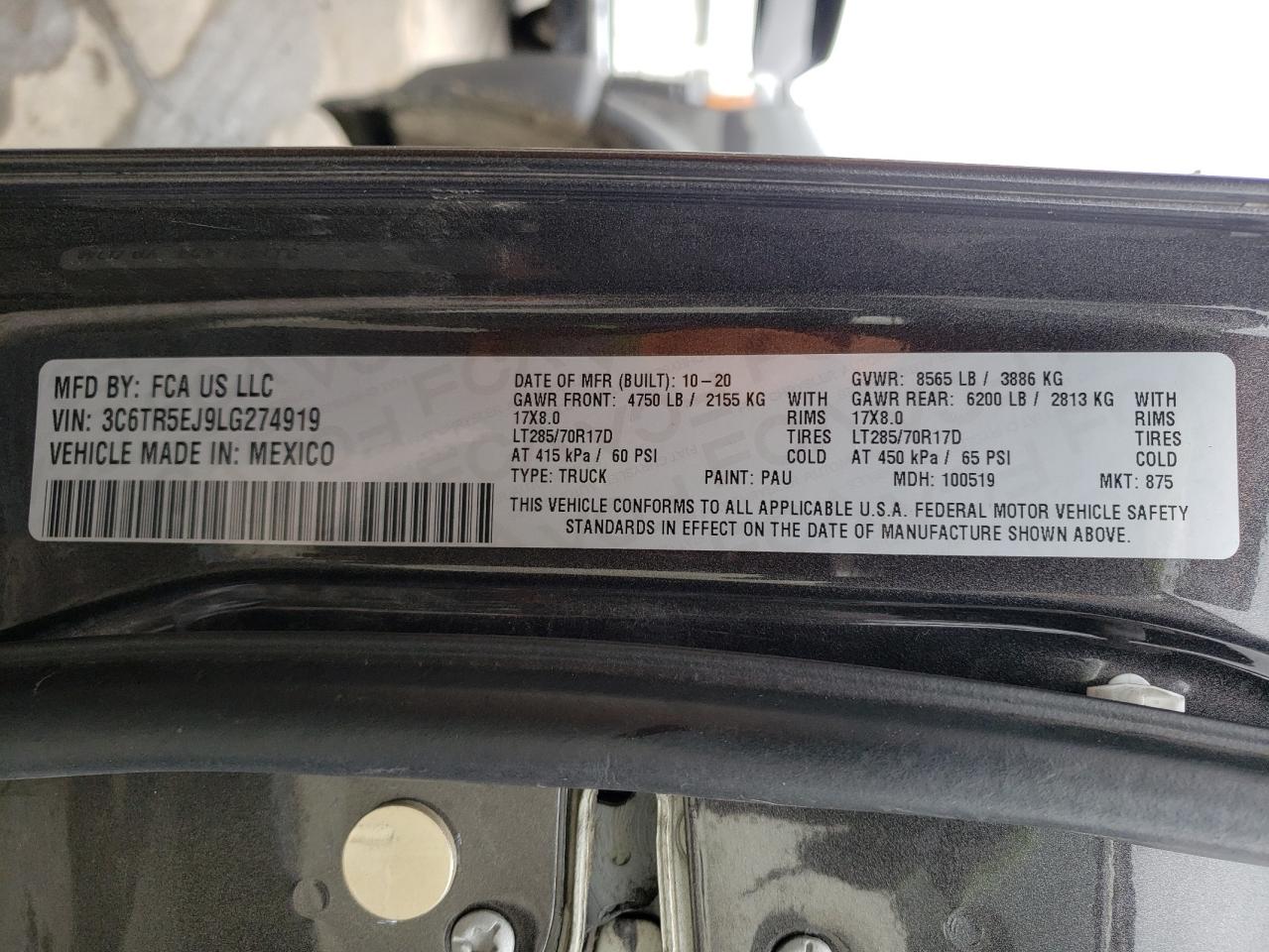 Photo 10 from auction – 2020 RAM 2500 POWER with VIN 3C6TR5EJ9LG274919