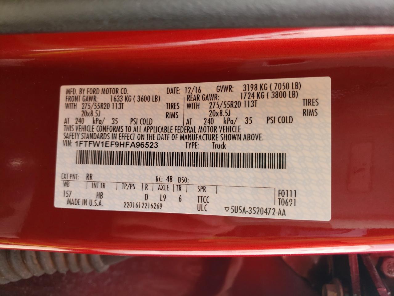 Photo 11 from auction – 2017 FORD F150 SUPER with VIN 1FTFW1EF9HFA96523