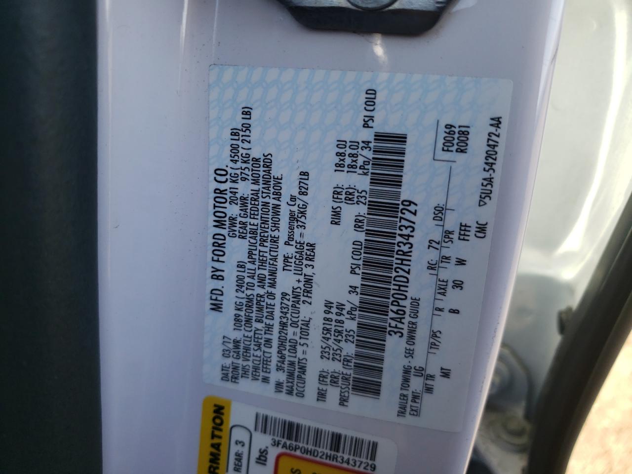 Photo 10 from auction – 2017 FORD FUSION SE with VIN 3FA6P0HD2HR343729