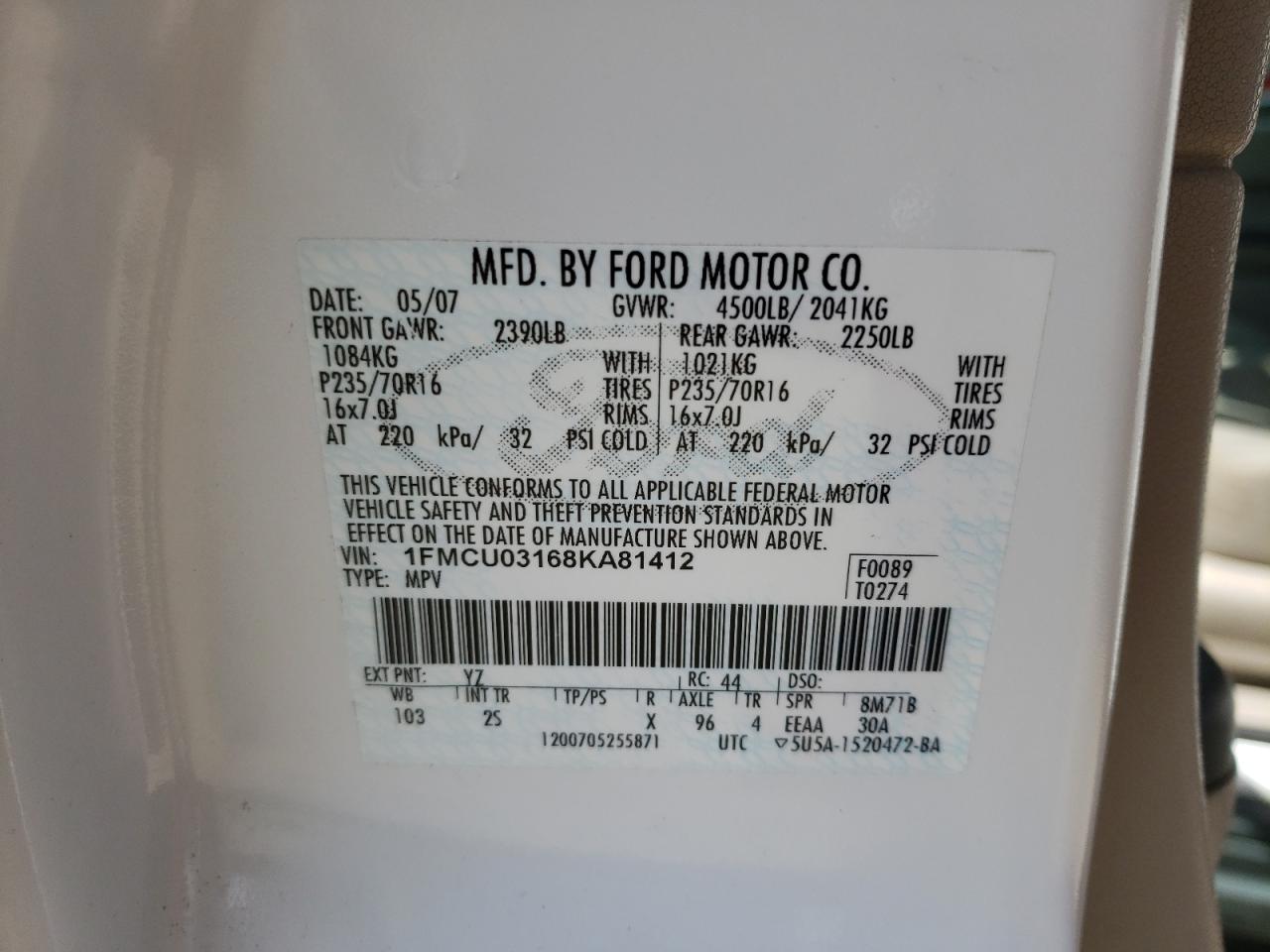Photo 10 from auction – 2008 FORD ESCAPE XLT with VIN 1FMCU03168KA81412
