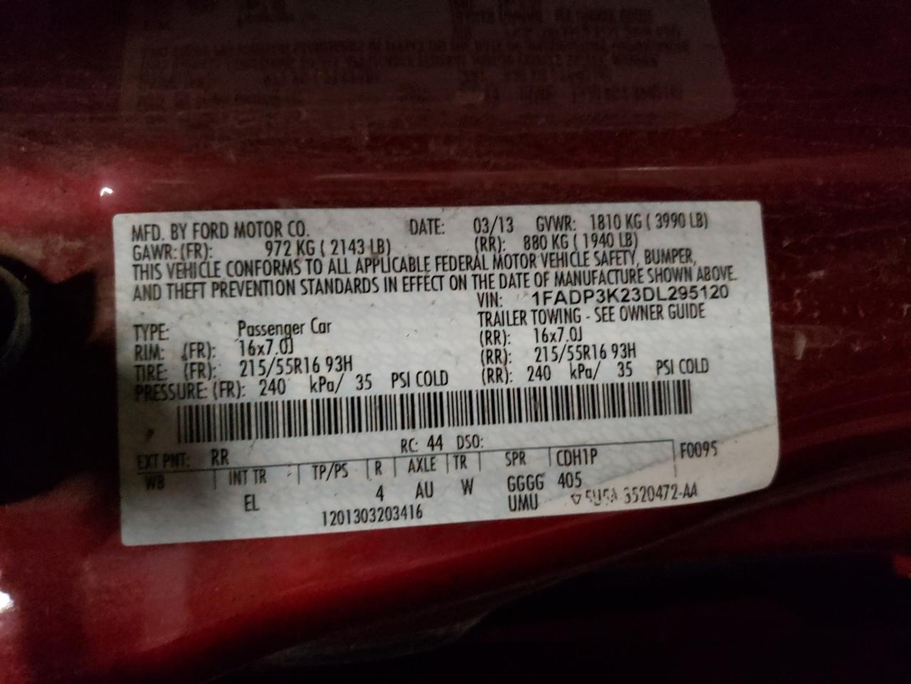 Photo 10 from auction – 2013 FORD FOCUS SE with VIN 1FADP3K23DL295120