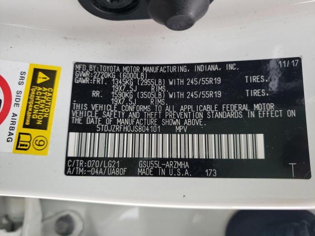 Photo 10 from auction – 2018 TOYOTA HIGHLANDER with VIN 5TDJZRFH0JS804101