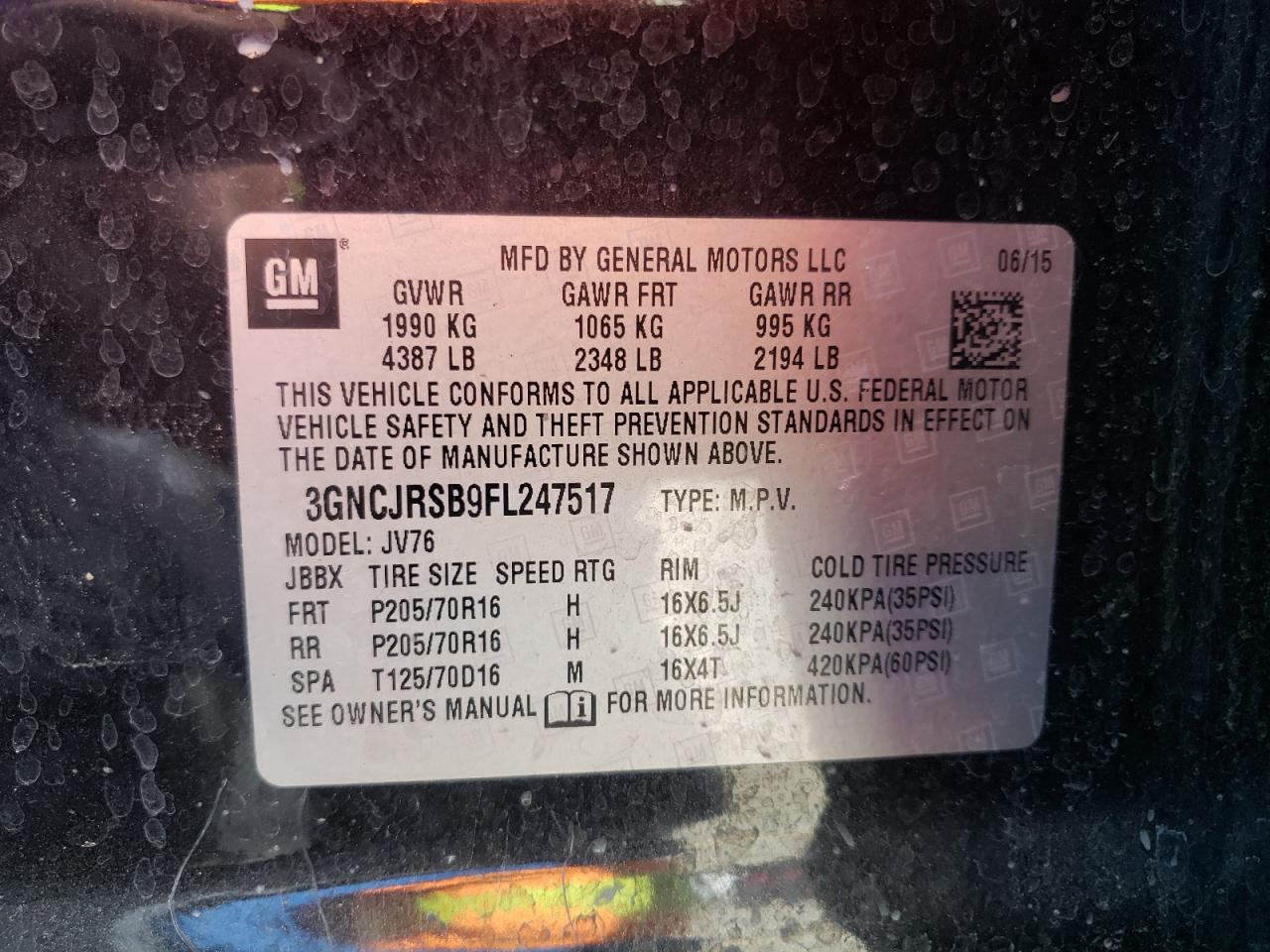 Photo 10 from auction – 2015 CHEVROLET TRAX 1LT with VIN 3GNCJRSB9FL247517