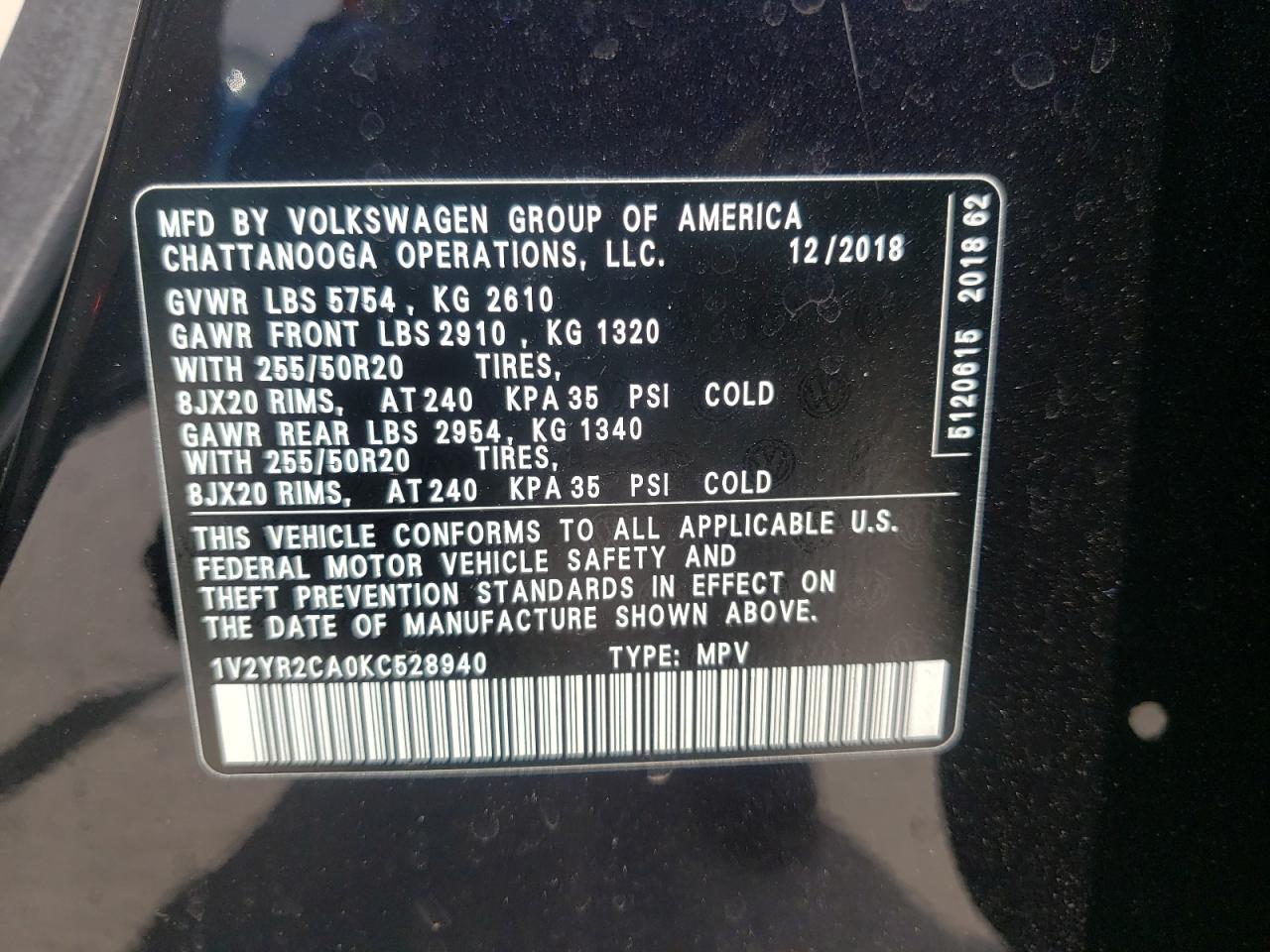Photo 10 from auction – 2019 VOLKSWAGEN ATLAS SE with VIN 1V2YR2CA0KC528940