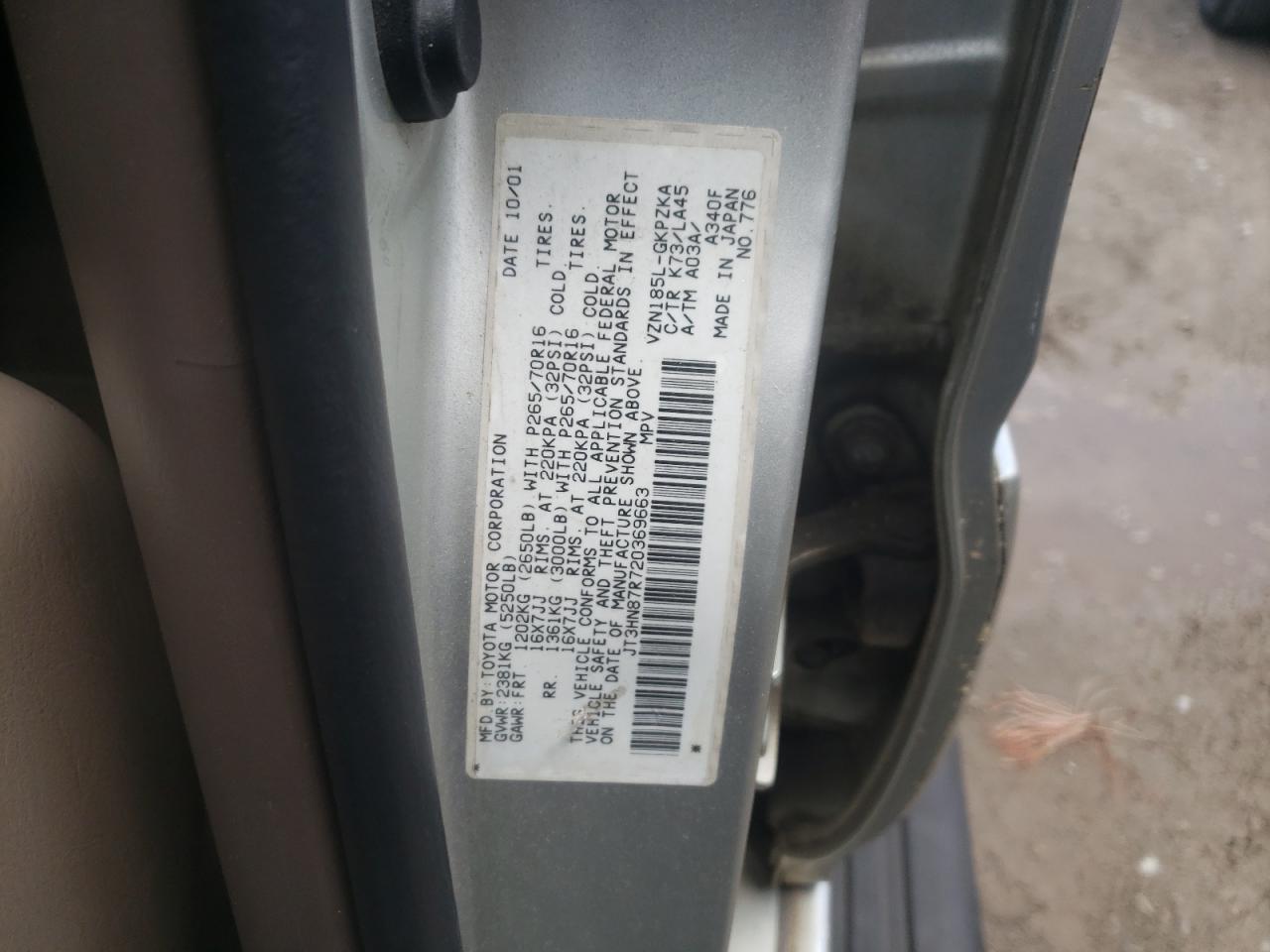 Photo 10 from auction – 2002 TOYOTA 4RUNNER LI with VIN JT3HN87R720369663