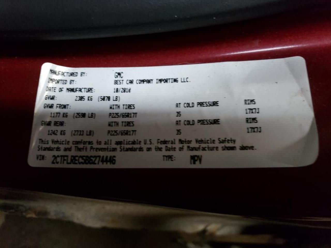 Photo 10 from auction – 2011 GMC TERRAIN SL with VIN 2CTFLREC5B6274446